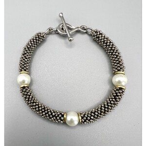 Silver Tone Caviar Bracelet With Imitation Pearl Stations